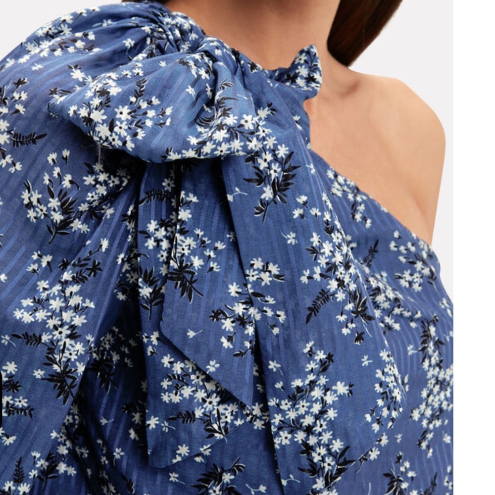 Ulla Johnson Blue Enid One Shoulder Floral Blouse With Bow Tie - Picture 5 of 11